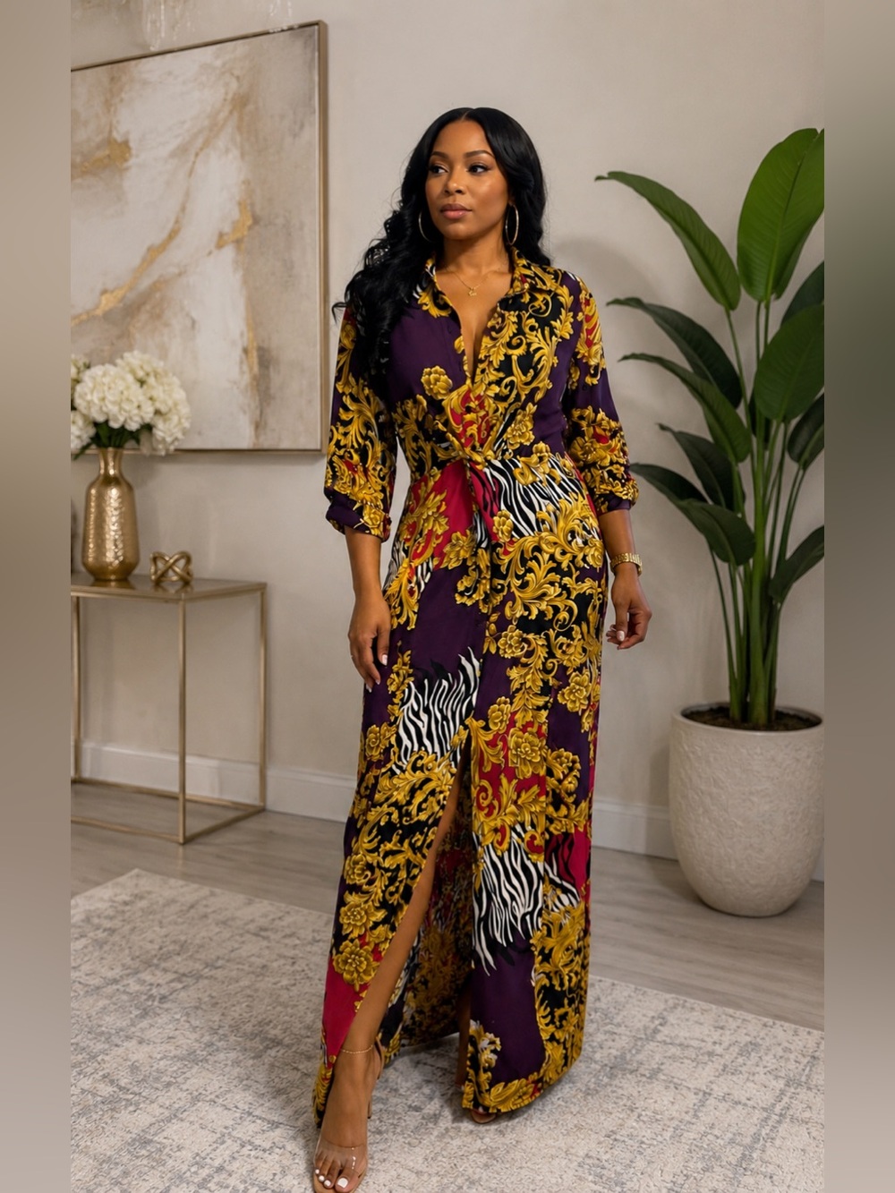 Long Printed Shirt Dress with Gold Baroque Motif - Purple/Gold